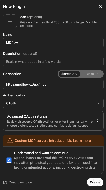 The New Plugin dialog in ChatGPT with Name set to MDflow, Connection set to Server URL https://mdflow.cz/api/mcp, and Authentication set to OAuth.