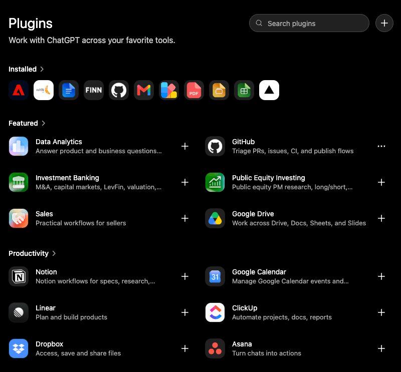 The ChatGPT Plugins page, with the plus button in the top-right highlighted for adding a custom plugin.