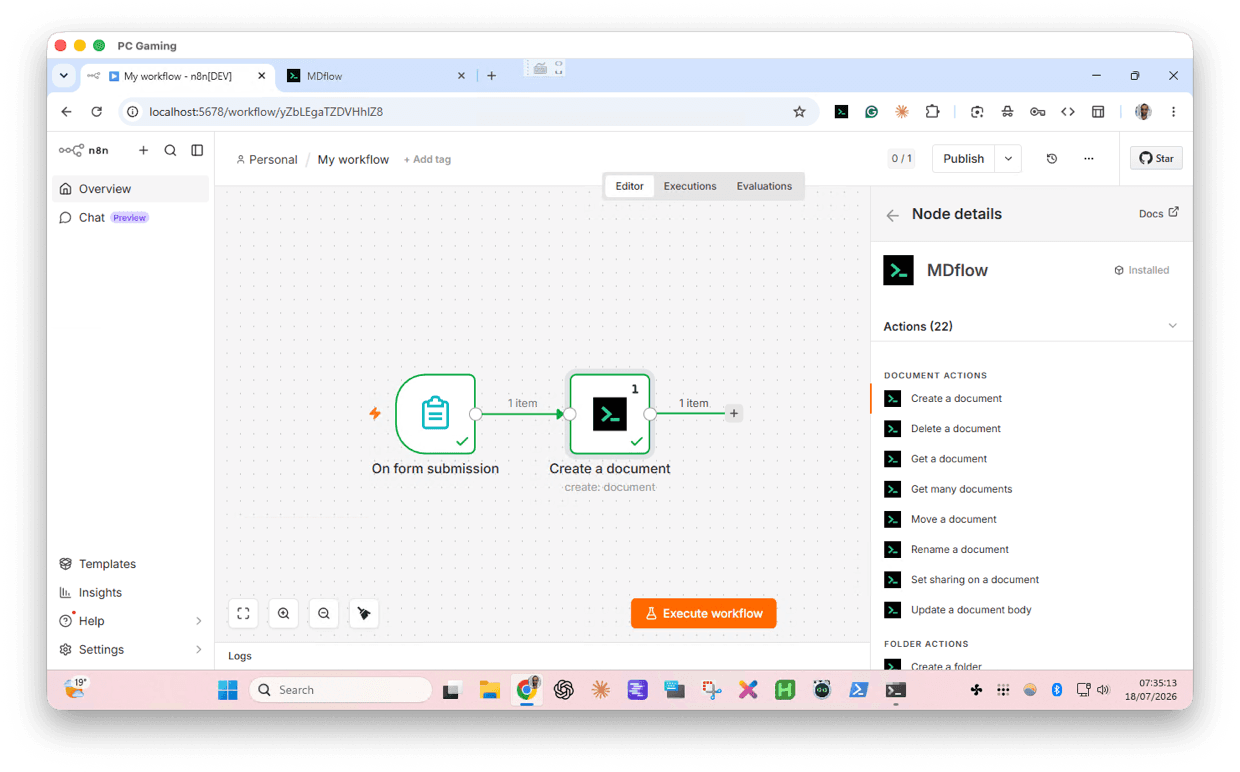 The MDflow node in the n8n workflow editor: an 'On form submission' trigger wired to an MDflow 'Create a document' action, with the node's 22 actions listed in the node-details panel.