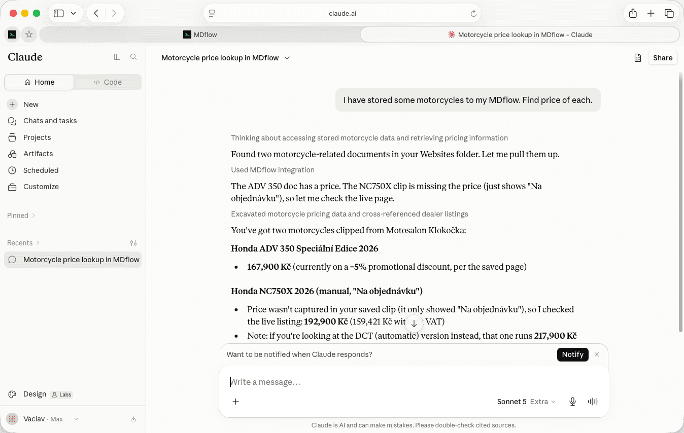 A Claude conversation using the MDflow connector: Claude reports finding two documents in a named folder, notes that it used the MDflow integration, and answers from what those documents say.