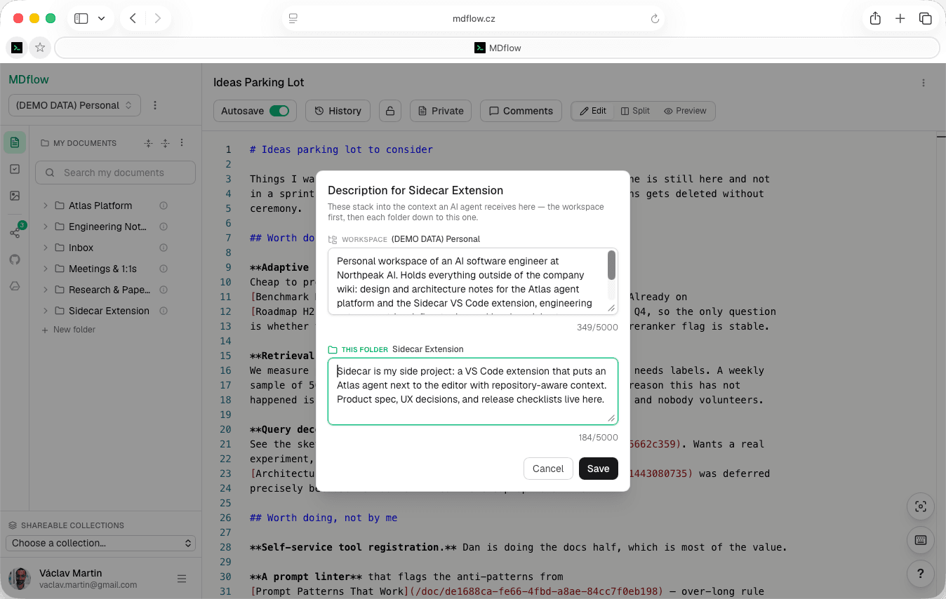 Editing a folder description in MDflow: the workspace description and the folder's own description sit in one dialog, above a note explaining that they stack into the context an AI agent receives — the workspace first, then each folder down to this one.