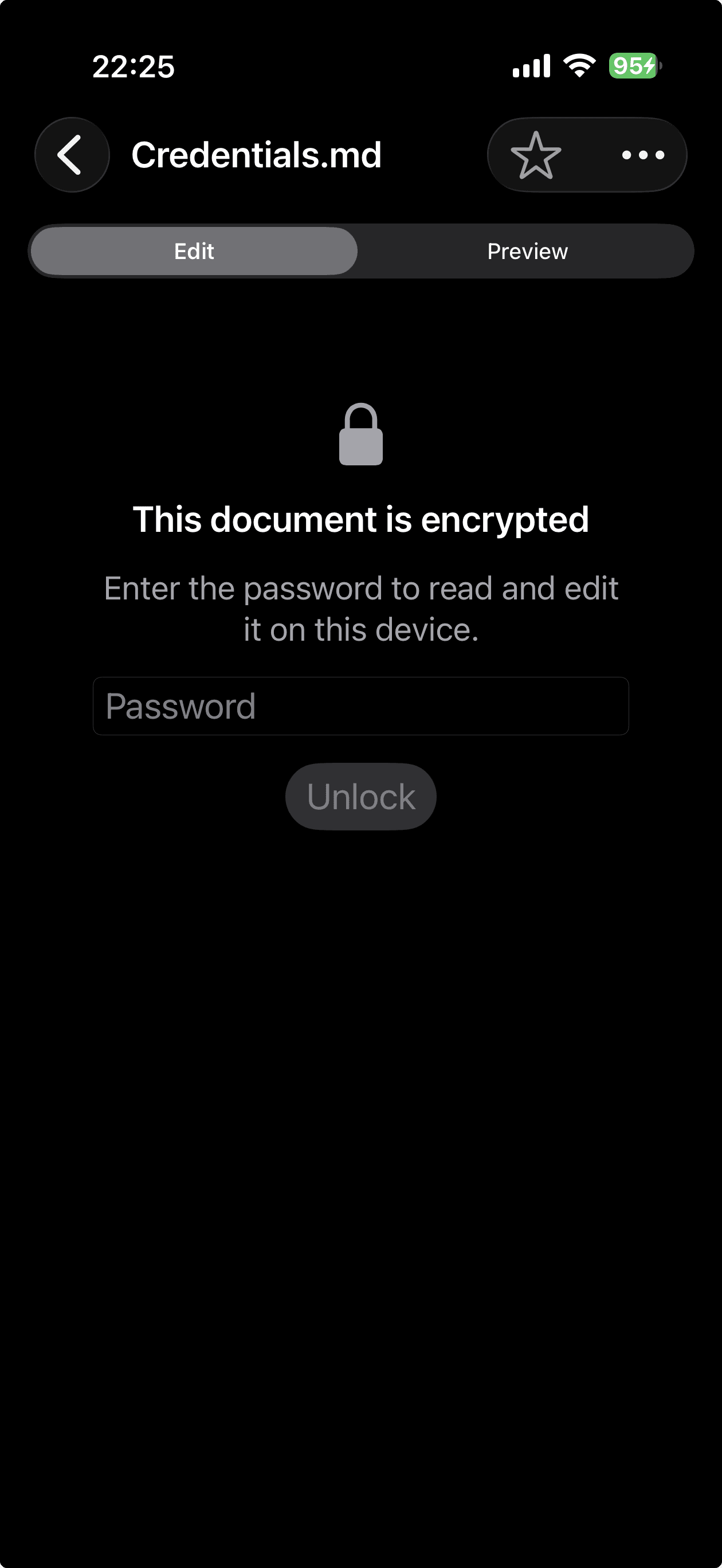 An encrypted document called Credentials.md open in the MDflow iPhone app: a padlock and the line “This document is encrypted” stand in for the body, above a password field and an Unlock button.