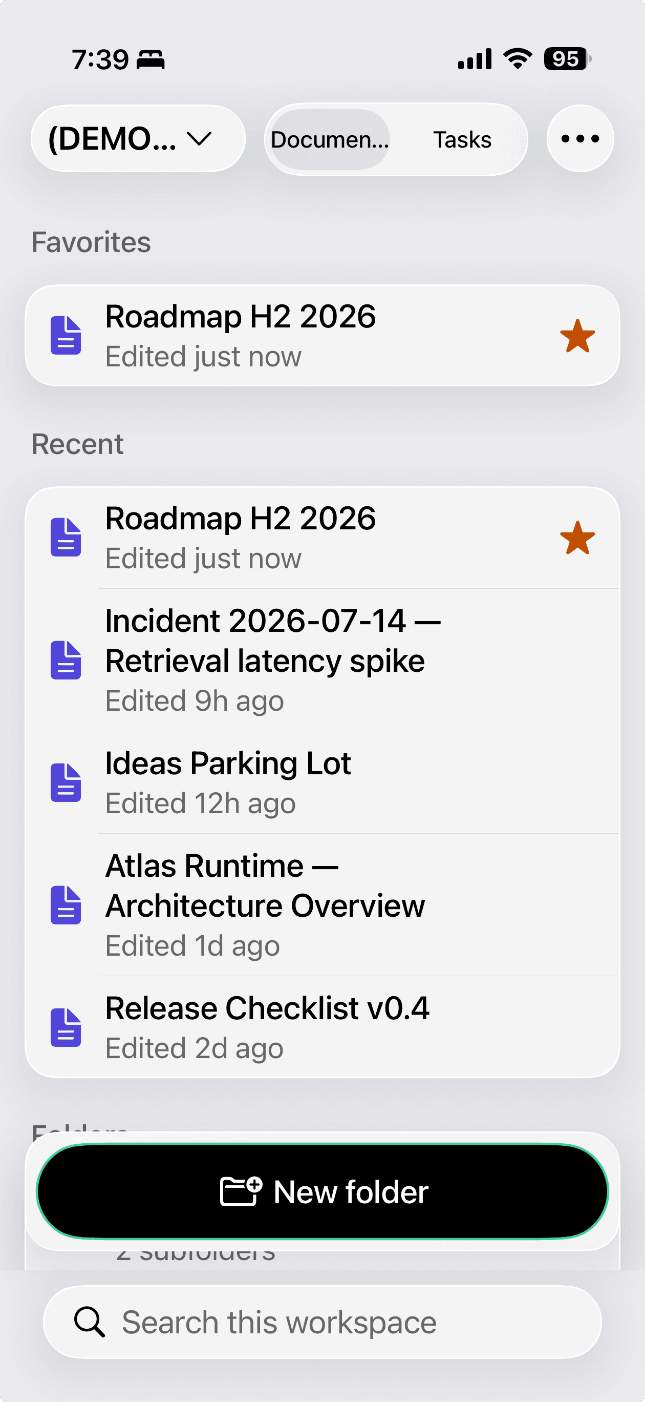 The MDflow iPhone app home screen: a workspace switcher and a Documents / Tasks toggle at the top, a Favorites section holding a starred document, and a Recent list showing how long ago each document was edited, above the workspace's folders and a search field.