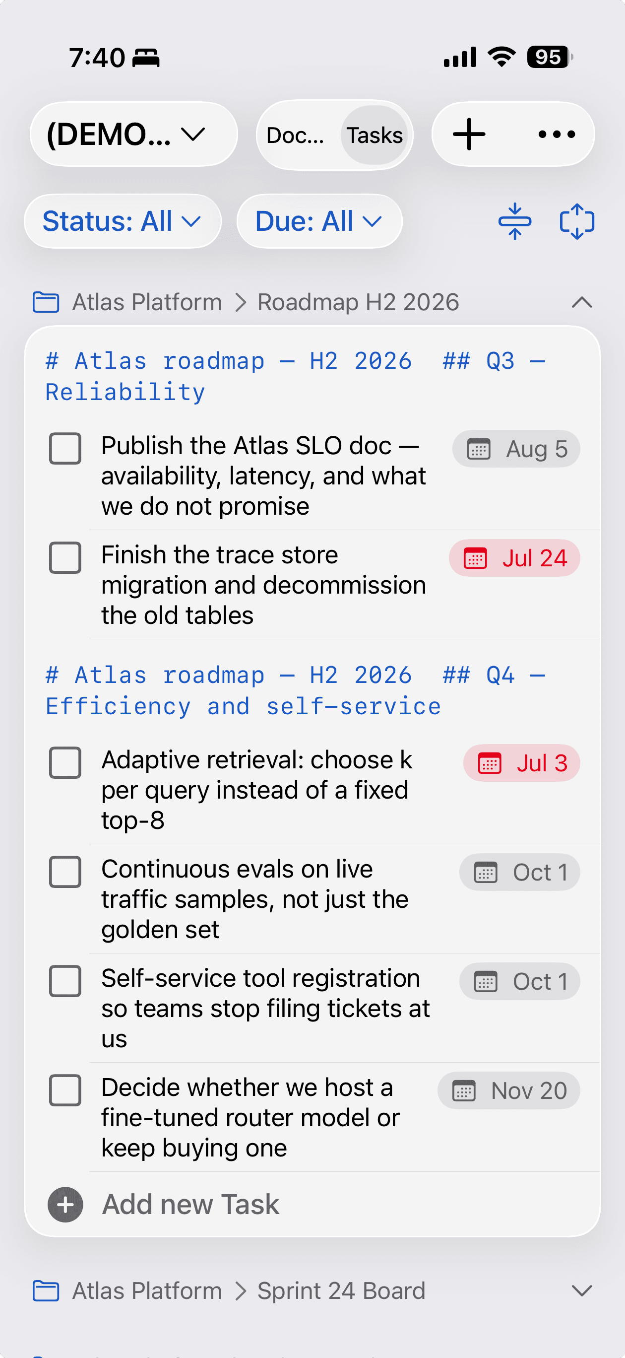 The Tasks list in the MDflow iPhone app: Status and Due filters at the top, tasks grouped under Atlas Platform / Roadmap H2 2026 and listed beneath the markdown heading each one sits under, with due-date chips — two of them red for overdue.