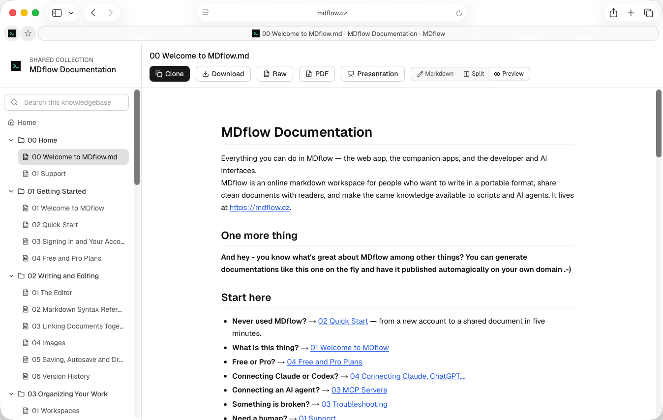 A published MDflow knowledge base: a document sidebar on the left, a rendered homepage document in the middle, and a visitor search box above the file list.