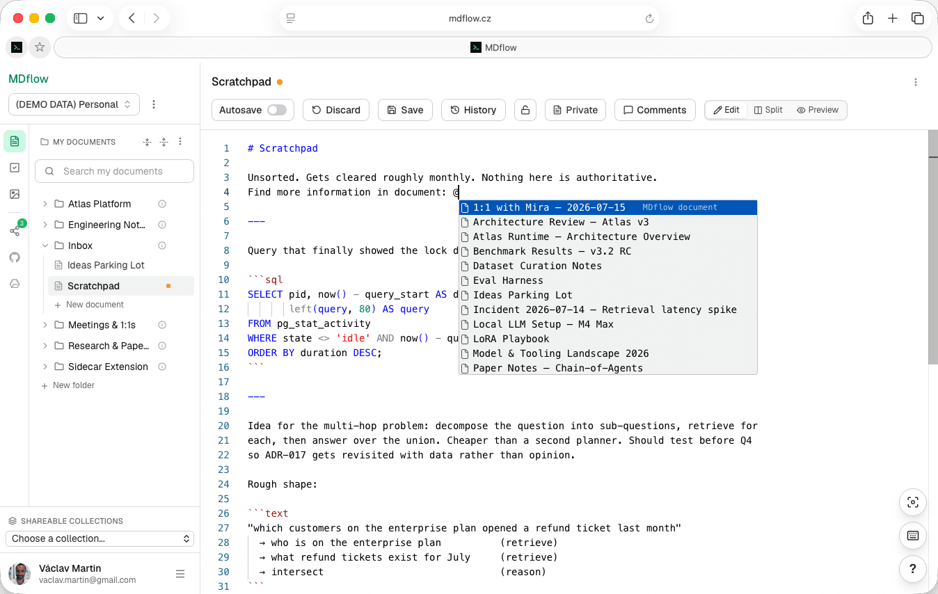 Typing @ in the MDflow editor opens an autocomplete list of documents from across the workspace — titles such as Architecture Review, Benchmark Results and Eval Harness — ready to insert as an internal link.