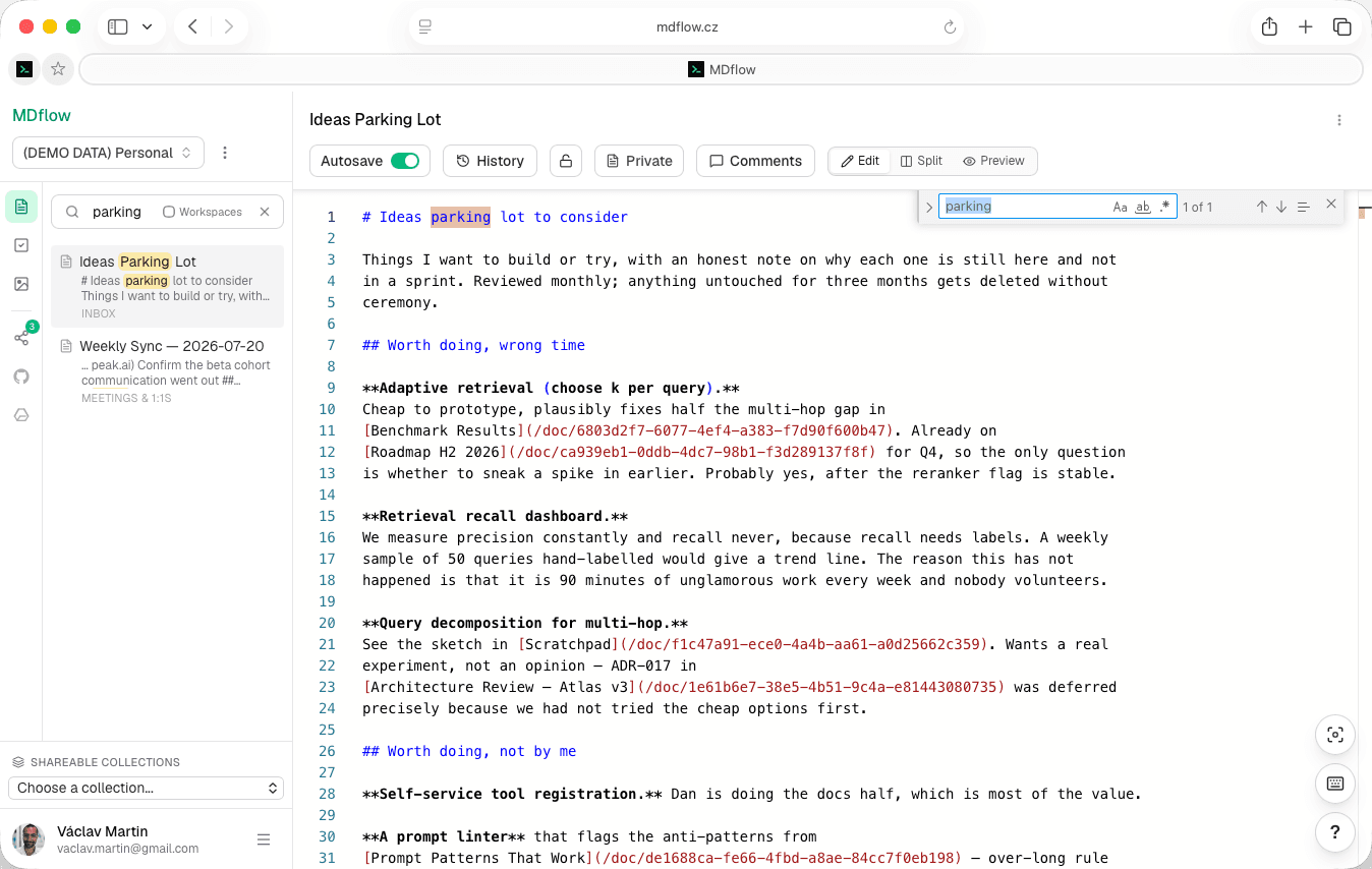 A workspace search for “parking” in MDflow: sidebar results show each matching document with its folder — Inbox, Meetings & 1:1s — and a body-text snippet with the term highlighted, while the opened document has the editor's Find bar already primed with the same phrase on the first match.
