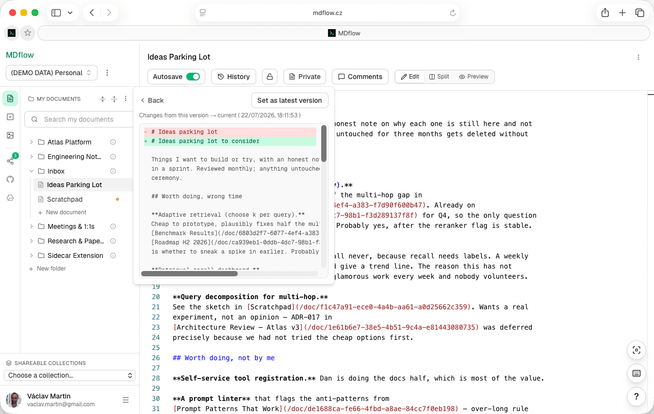 MDflow version history open on a document: a line-by-line markdown diff headed “Changes from this version → current”, with the removed heading in red and the replacement in green, and a “Set as latest version” button above it.