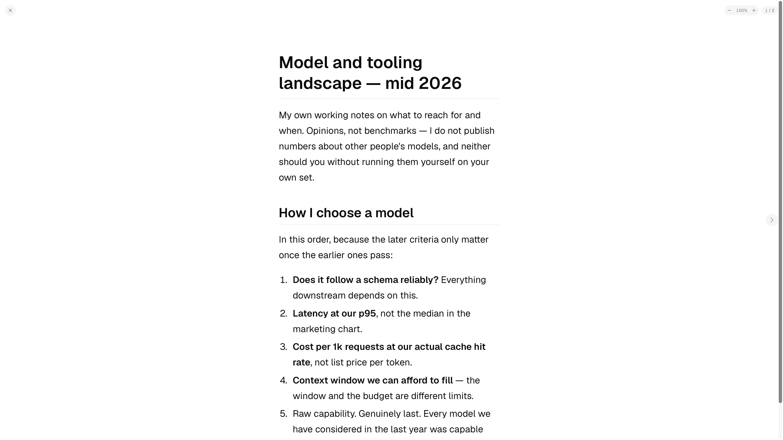 A markdown document presented fullscreen in MDflow: the top-level heading 'Model and tooling landscape — mid 2026' rendered as a slide, with its opening paragraph, a second-level heading and a numbered list — close and zoom controls in the top corners, the slide counter reading 1 / 2, and a next arrow at the right edge.