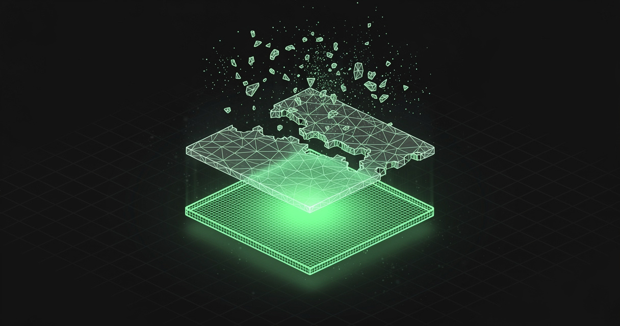 Three stacked emerald wireframe layers on a dark terminal grid — the top one dissolving into particles, the middle eroded, the bottom solid and brightly lit