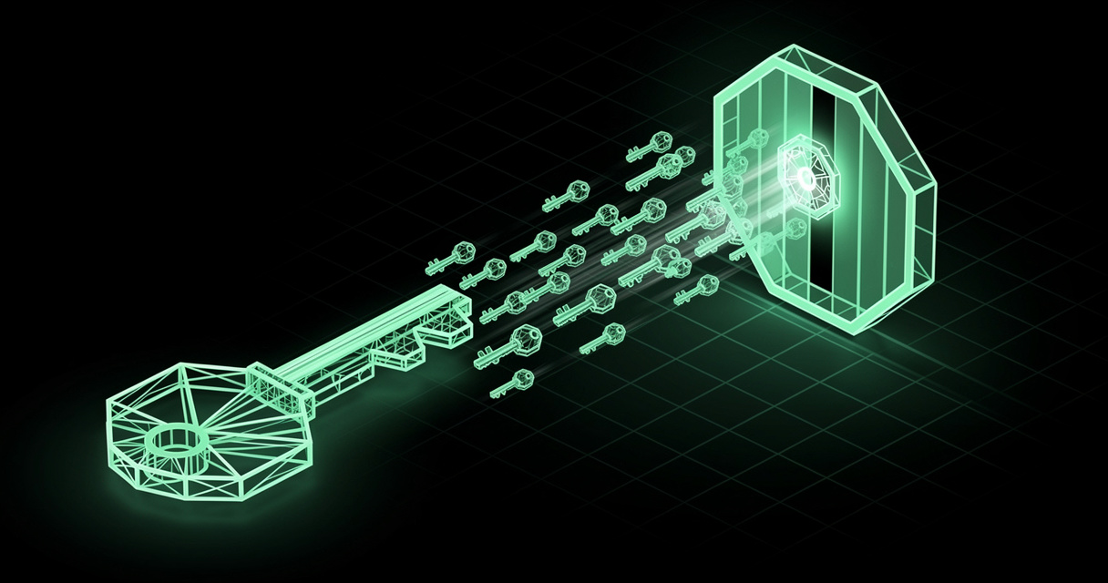One oversized emerald wireframe master key dissolving into a stream of tiny short-lived key tokens passing through a hexagonal policy gate, on a dark terminal-grid background
