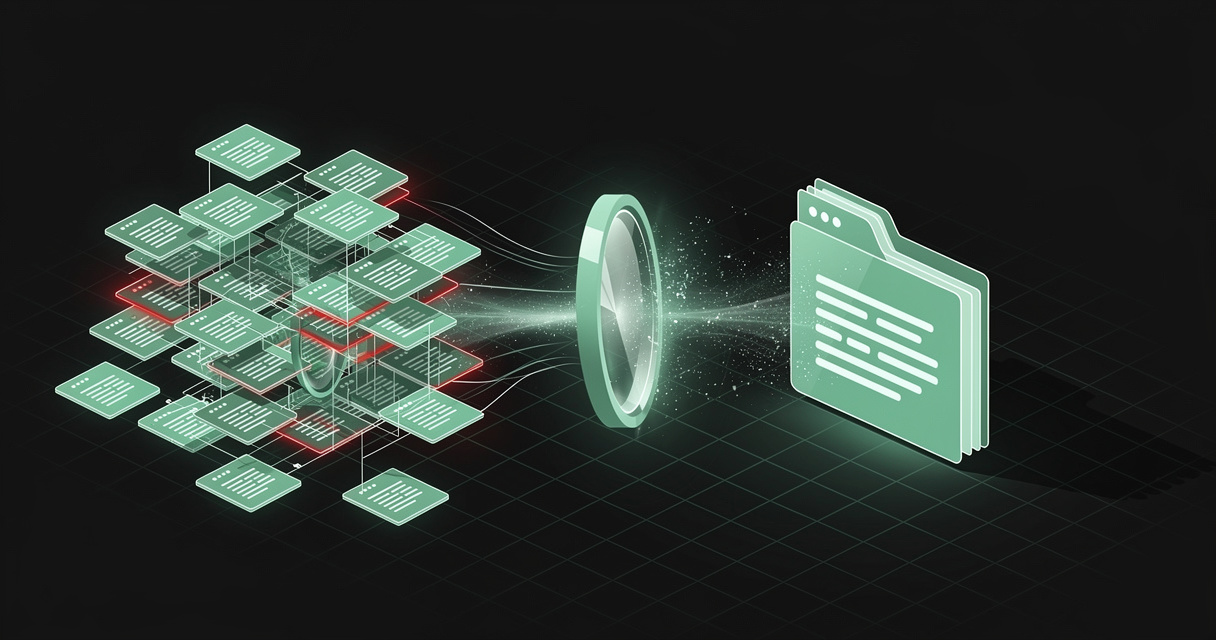 A scattered, duplicated cloud of emerald markdown note cards passing through a glowing lens and resolving into a single clean stack of files in a folder, on a dark terminal-grid background