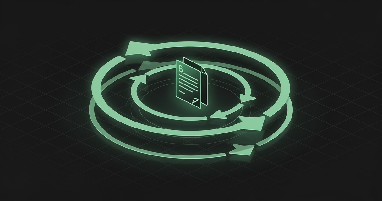 Three concentric emerald feedback loops of directional arrows revolving around a glowing stack of markdown documents and a folder at the core, on a dark terminal-grid background