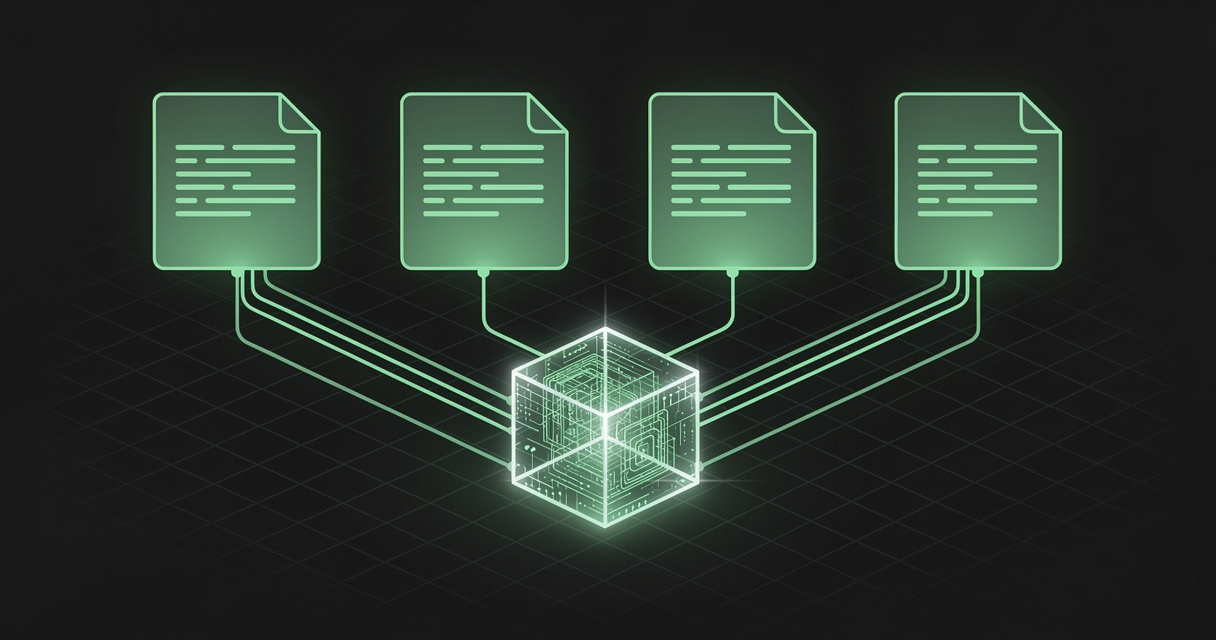 Four glowing emerald wireframe markdown document cards connected by luminous conduits converging into a central isometric AI core, on a dark terminal-grid background