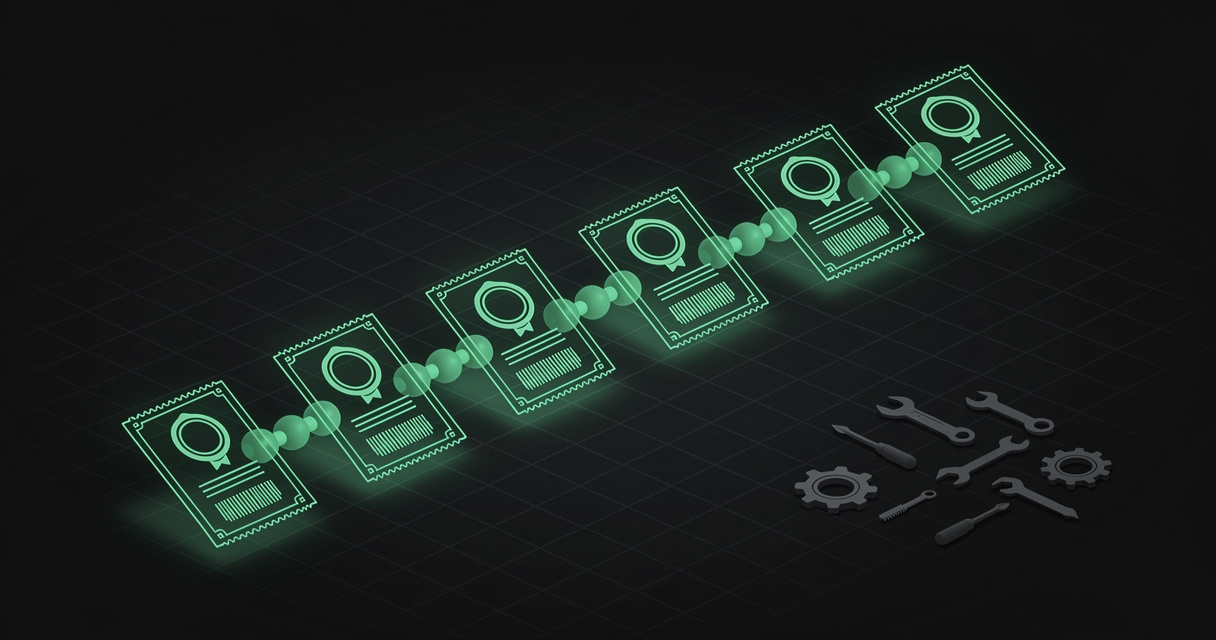 A chain of emerald wireframe receipt slips, each stamped with a seal and a hash bar, linked left to right across a dark terminal grid, with a cluster of dim unlit tool icons discarded to one side
