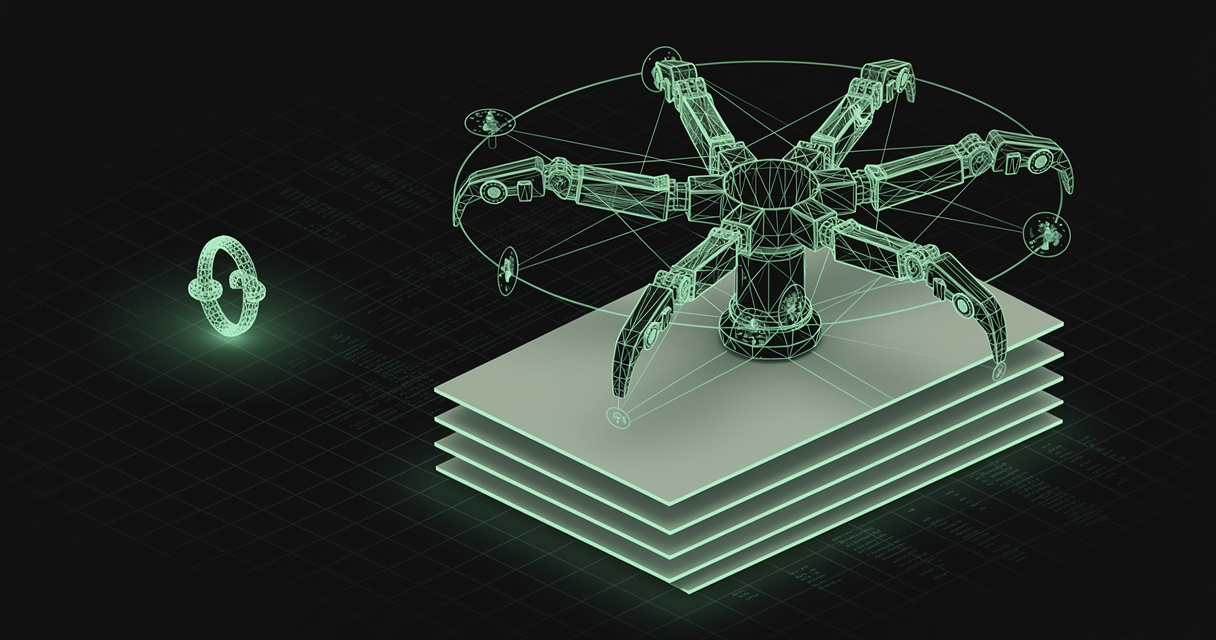 A small emerald wireframe loop on the left expanding into a large multi-armed robotic claw mechanism with orbiting nodes, standing on a stack of glowing blank sheets, on a dark terminal-grid background
