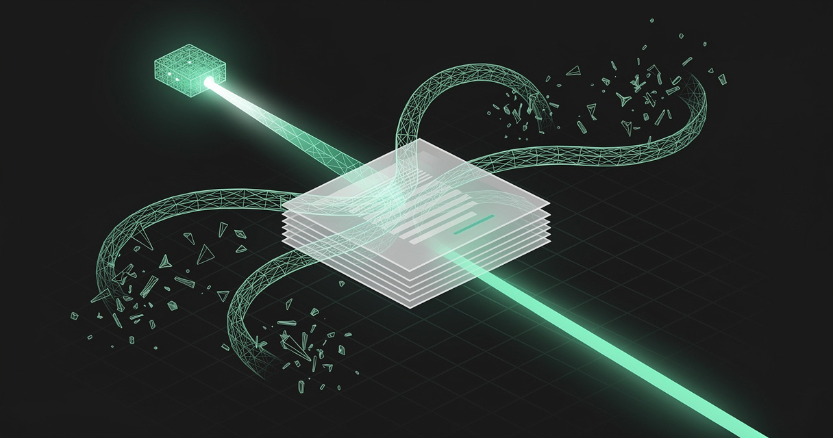 A single emerald input node splitting into three chaotic diverging paths that pass through a plane of stacked document sheets and converge into one clean beam, on a dark terminal-grid background