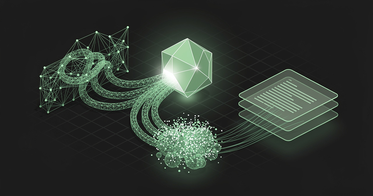 Three glowing emerald paths — a tangled memory graph, a vector point cloud, and a clean stack of Markdown sheets — converging into a single geometric AI agent core on a dark terminal-grid background