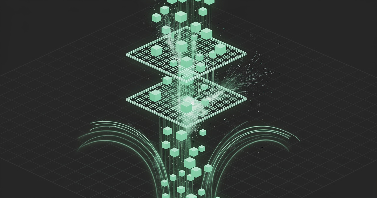 A stream of glowing emerald cubes falling through three stacked lattice grids, most passing cleanly while a few are deflected away, on a dark terminal-grid background