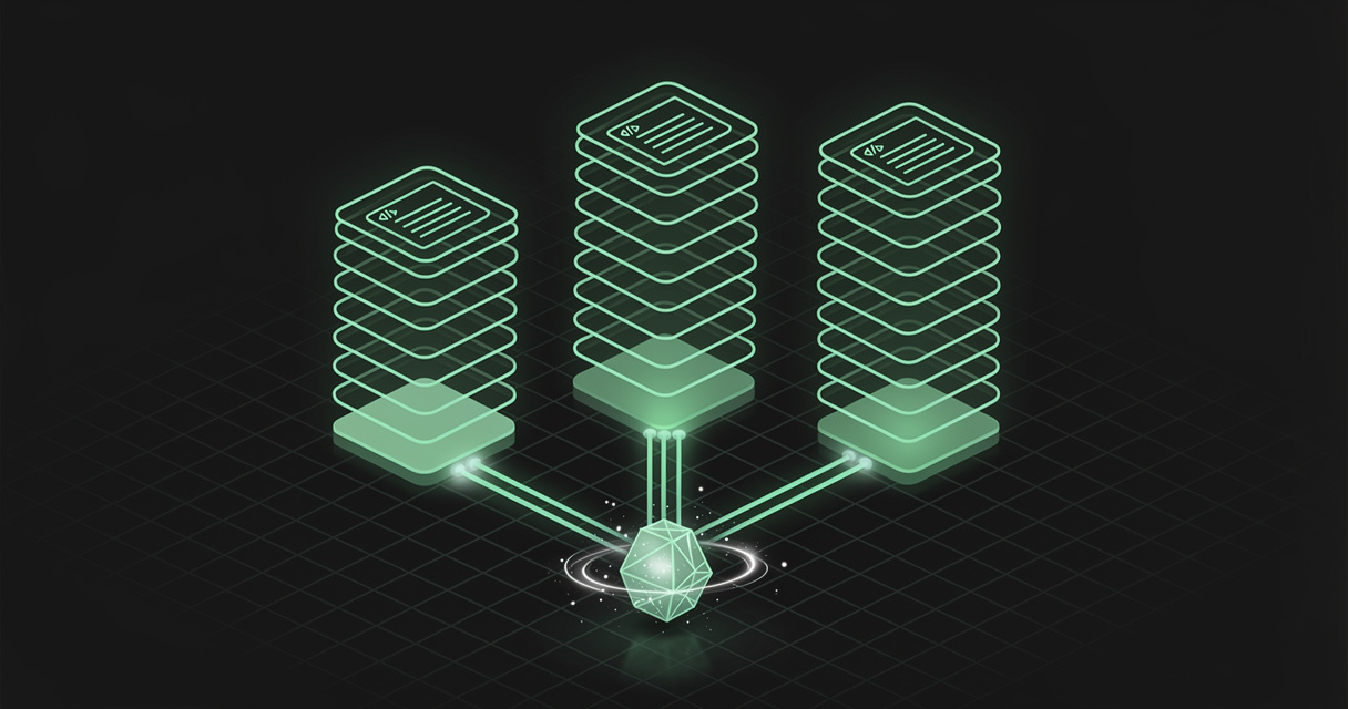 Three glowing emerald wireframe pillars of stacked markdown document cards, side by side, each linked by conduits to a small geometric AI agent core on a dark terminal-grid background