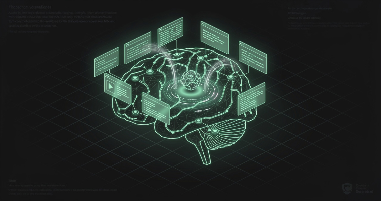 A glowing emerald wireframe brain made of interconnected markdown note-cards feeding data to a small AI agent core, on a dark terminal-grid background