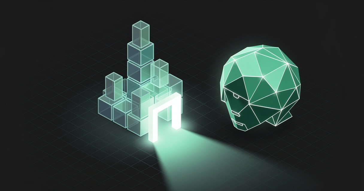 A geometric emerald-green wireframe AI agent core approaching a glowing modular structure built from stacked translucent blocks, like a building under construction, with an open gateway of light, on a dark terminal-grid background