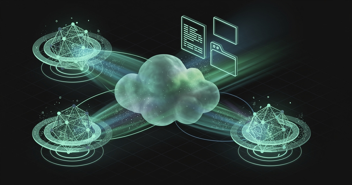 Two glowing emerald AI agent cores connected over a network cloud to a floating cluster of markdown documents and a folder, on a dark terminal-grid background