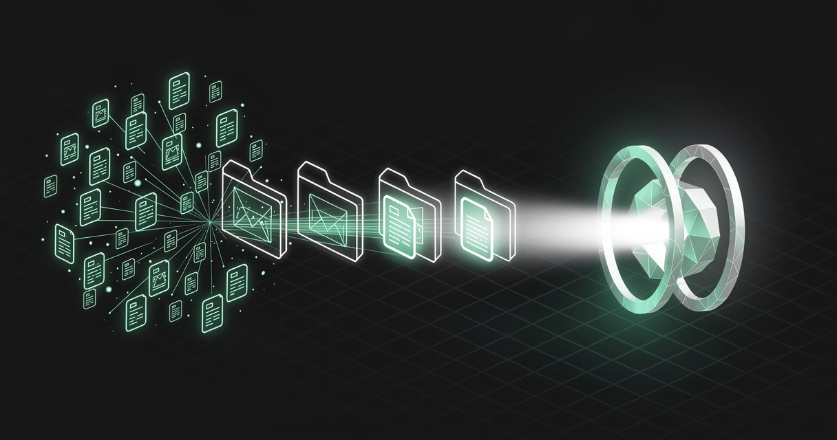 A scattered emerald cloud of document nodes funneled through labeled folders into a focused beam of a few high-signal documents entering a geometric AI agent core, on a dark terminal-grid background