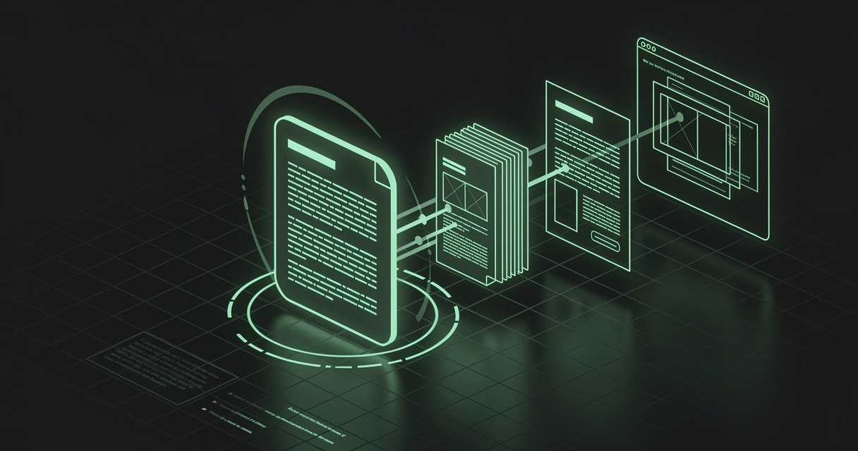 A single glowing emerald wireframe Markdown document splitting into three outputs — a paginated PDF, a formatted Word document, and a markup window — on a dark terminal-grid background