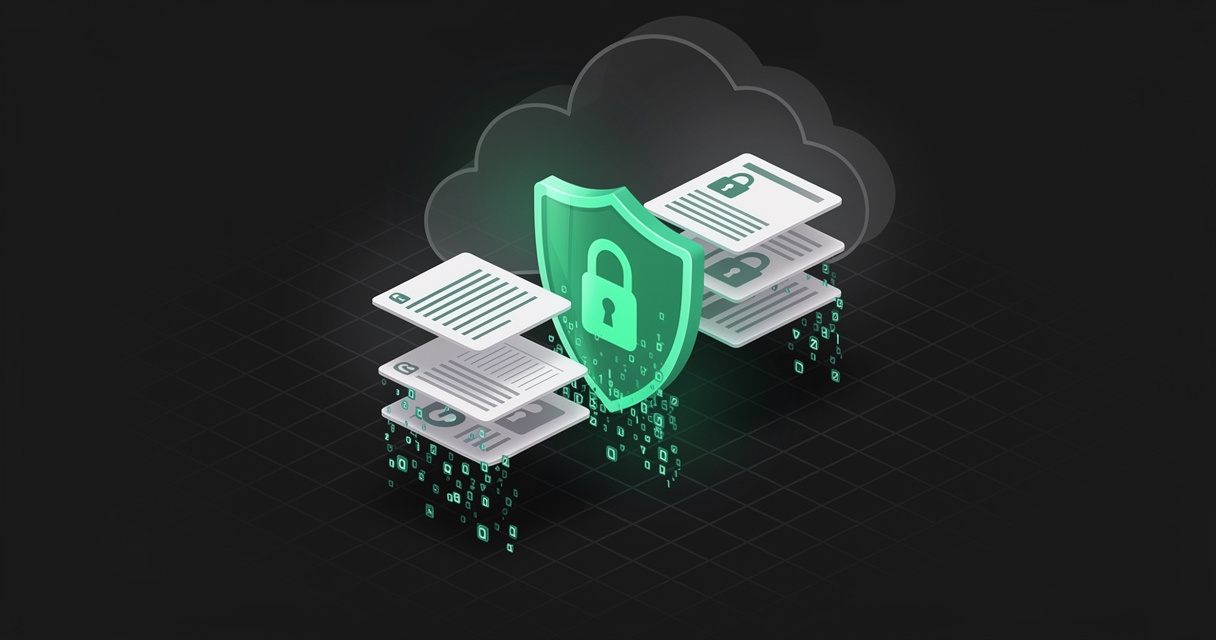 An emerald padlock shield fused with a stack of markdown document cards — some sealed and dissolving into encrypted cipher blocks, others left open — floating above a cloud server on a dark terminal-grid background