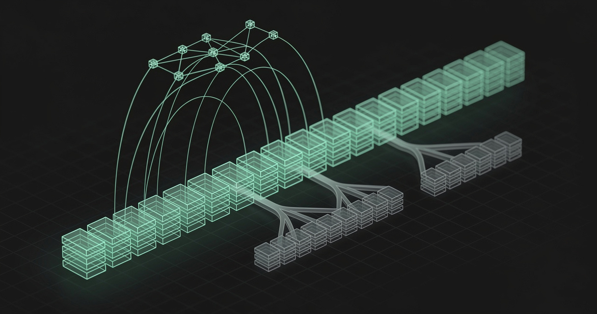 An emerald wireframe spine of stacked event blocks receding in isometric perspective, luminous threads projecting a node-and-edge graph above it and two ghosted branches forking off the spine, on a dark terminal-grid background