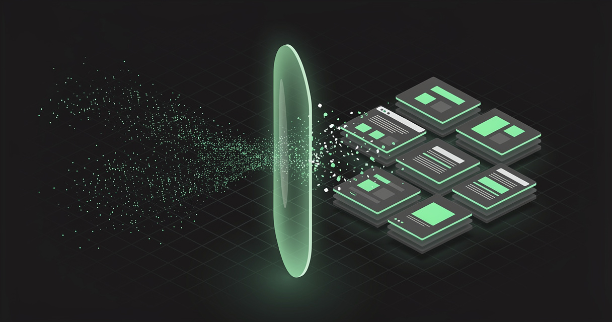 A scattered stream of emerald particles passing through a glowing lens and emerging as neatly stacked interface cards on a dark terminal-grid background