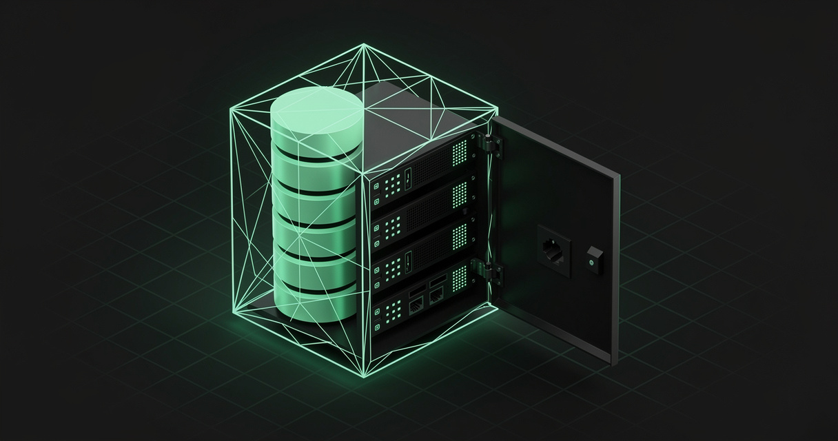 An emerald wireframe cage around a server rack and glowing database cylinders on a dark terminal grid, with one hinged panel swung wide open