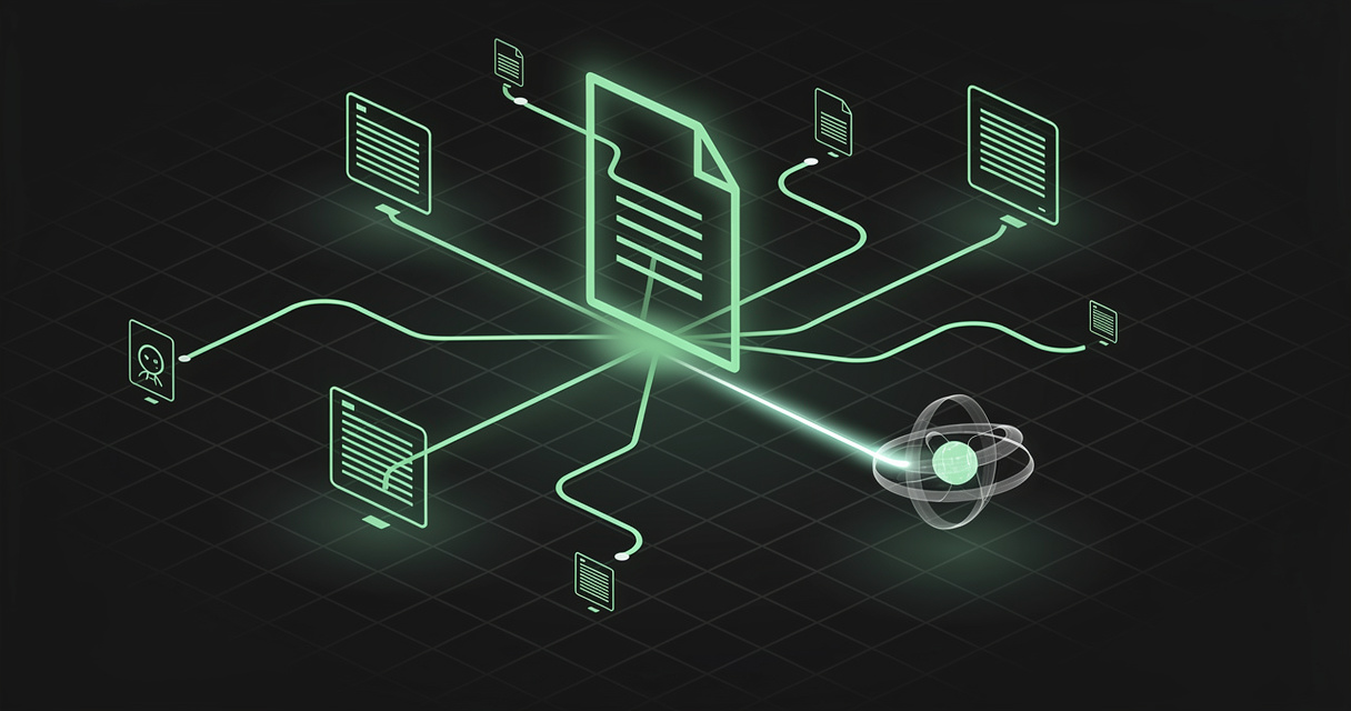 A glowing emerald wireframe document acting as a map, with light pathways branching to page nodes and a geometric AI agent core following one path, on a dark terminal-grid background