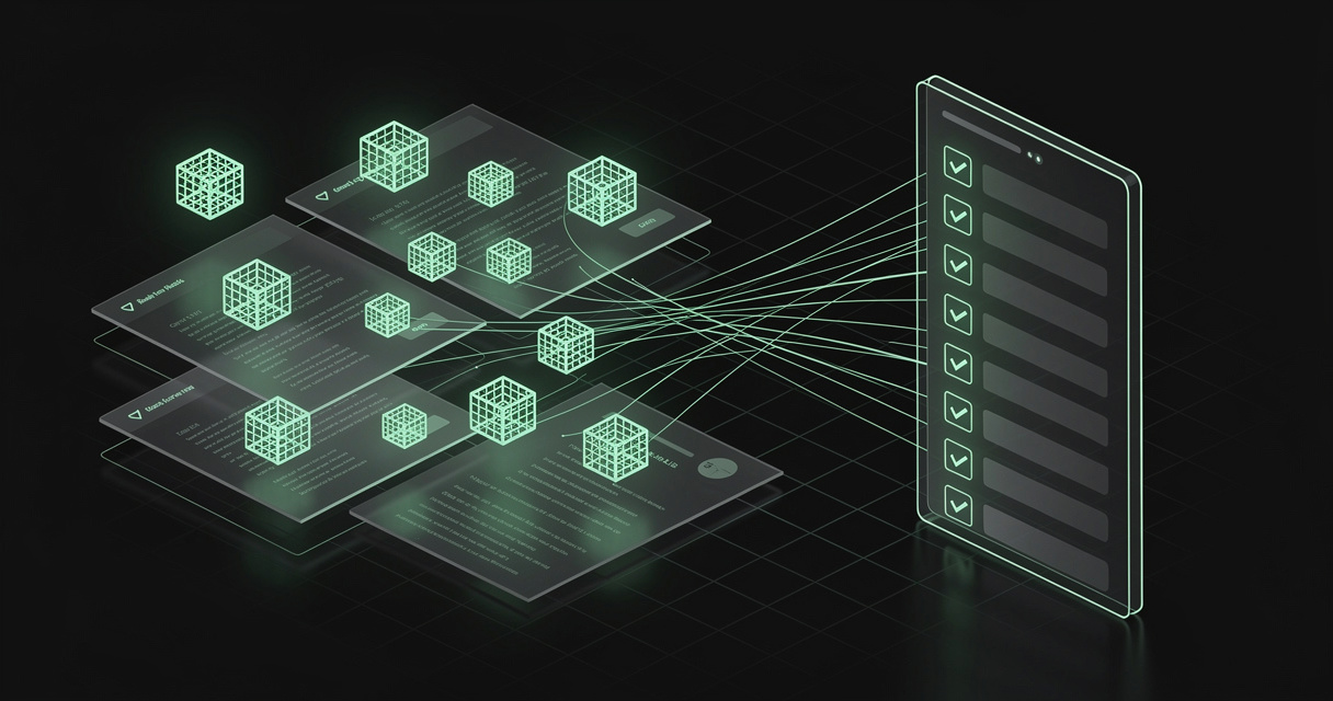 Emerald wireframe checkboxes scattered across floating document cards converging into one unified task list, on a dark terminal-grid background
