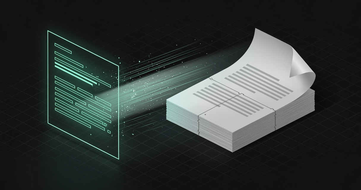 A glowing emerald wireframe Markdown document streaming through a beam of light and reassembling into a stacked, paginated PDF on a dark terminal-grid background