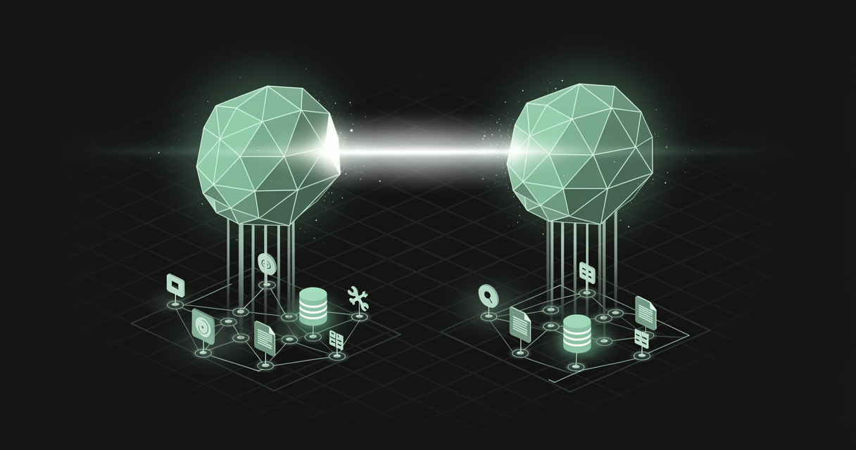 Two glowing emerald wireframe AI agent cores linked horizontally by a bridge of light, each wired down into a cluster of tool and database nodes, on a dark terminal-grid background