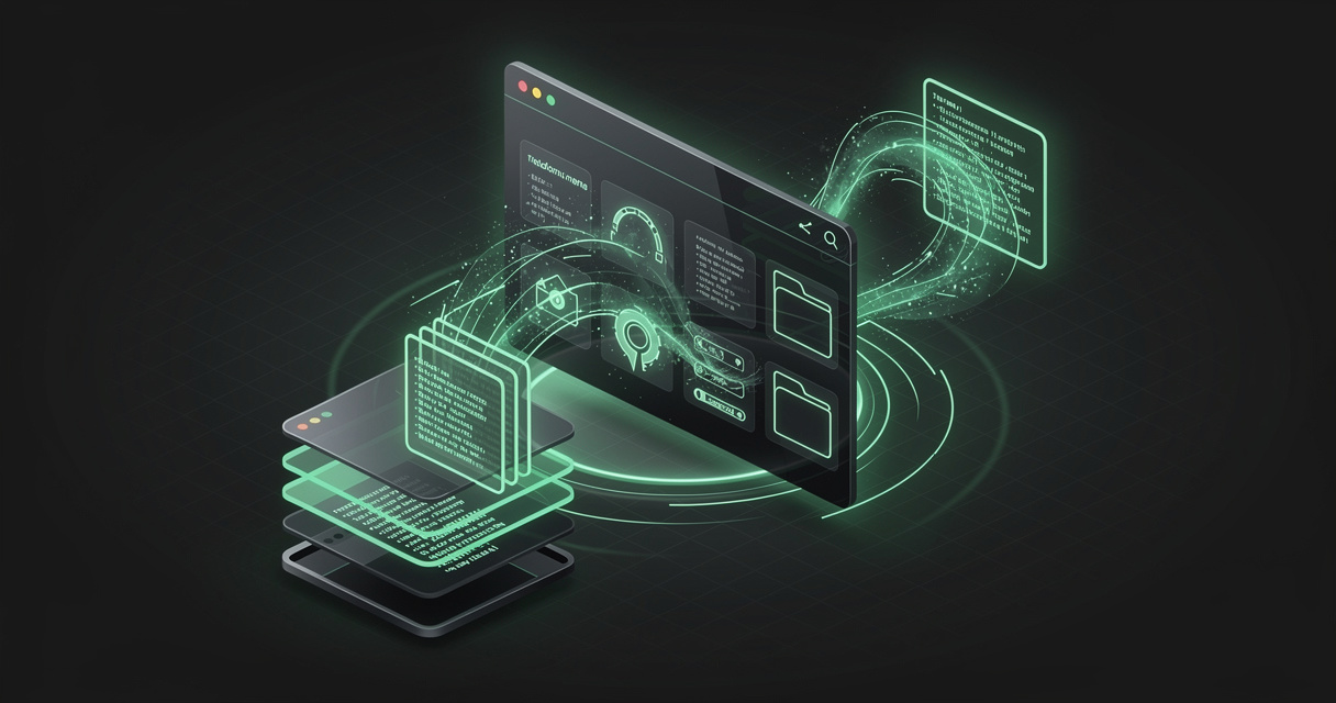 A glowing emerald browser dashboard assembling itself in real time from a stream of markdown document cards and nested folders flowing out of a stacked workspace, on a dark terminal-grid background