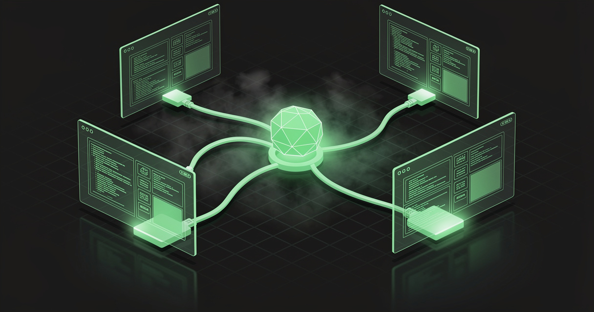 Three glowing emerald client terminals connecting through cables into a single central hub node on a dark terminal-grid background
