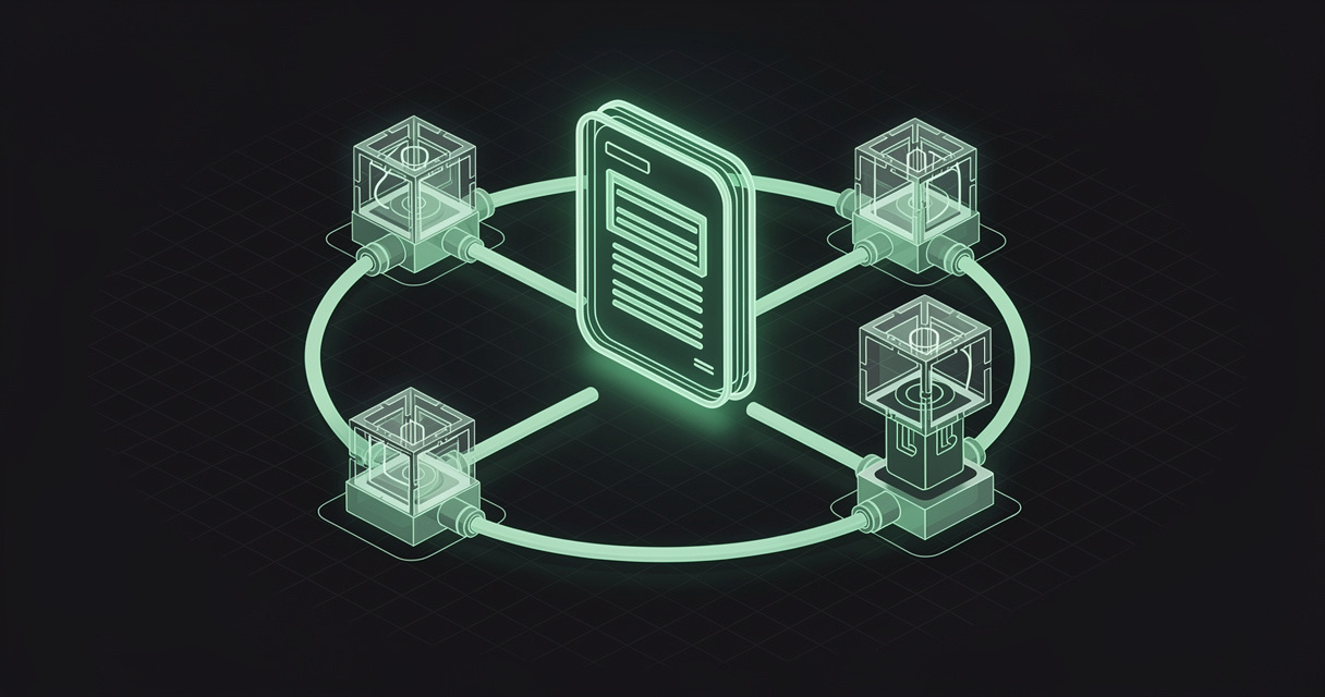 An emerald wireframe document core wired to a ring of interchangeable modular sockets, one lifted mid-swap, on a dark terminal-grid background