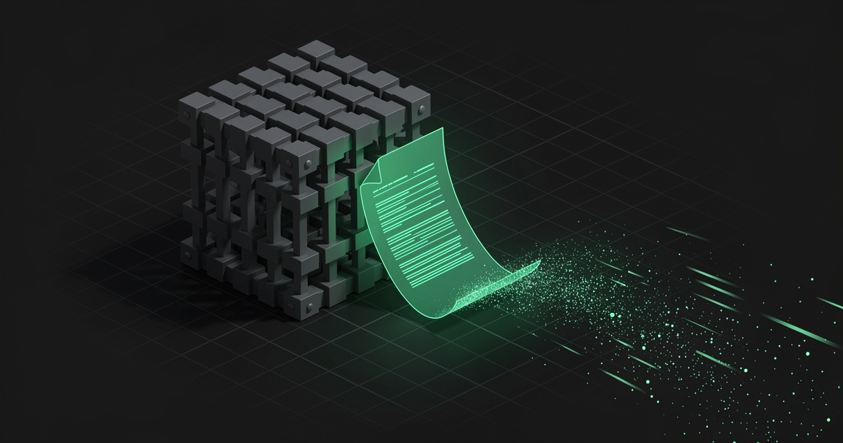 A glowing emerald wireframe markdown document pulling free from a rigid locked cage of stacked blocks, dissolving into flowing particles of light, on a dark terminal-grid background