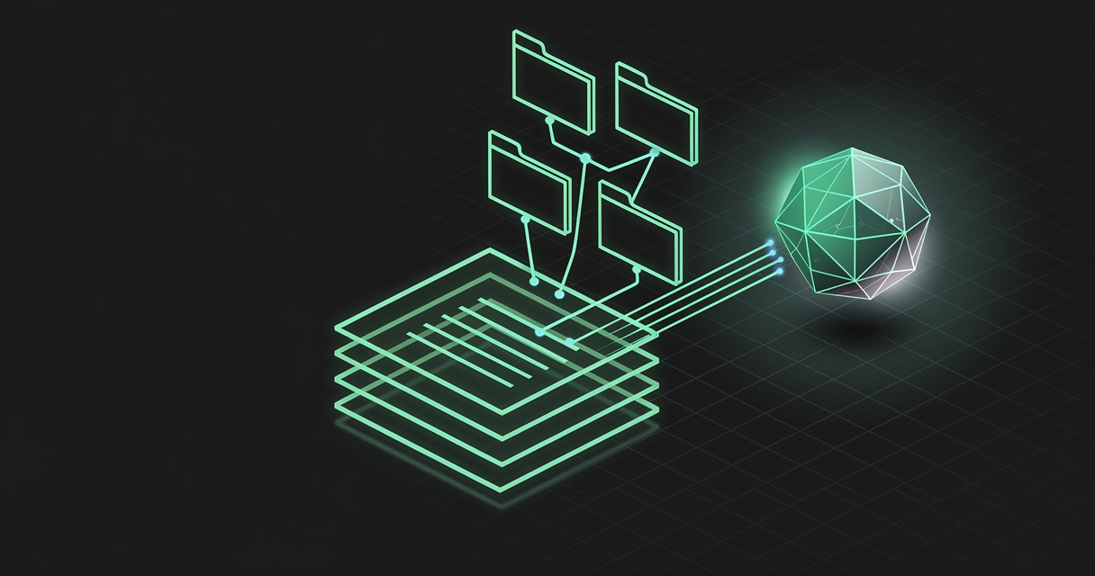 Emerald wireframe document cards assembling into a branching folder-tree knowledge graph that flows into a geometric AI agent core, on a dark terminal-grid background