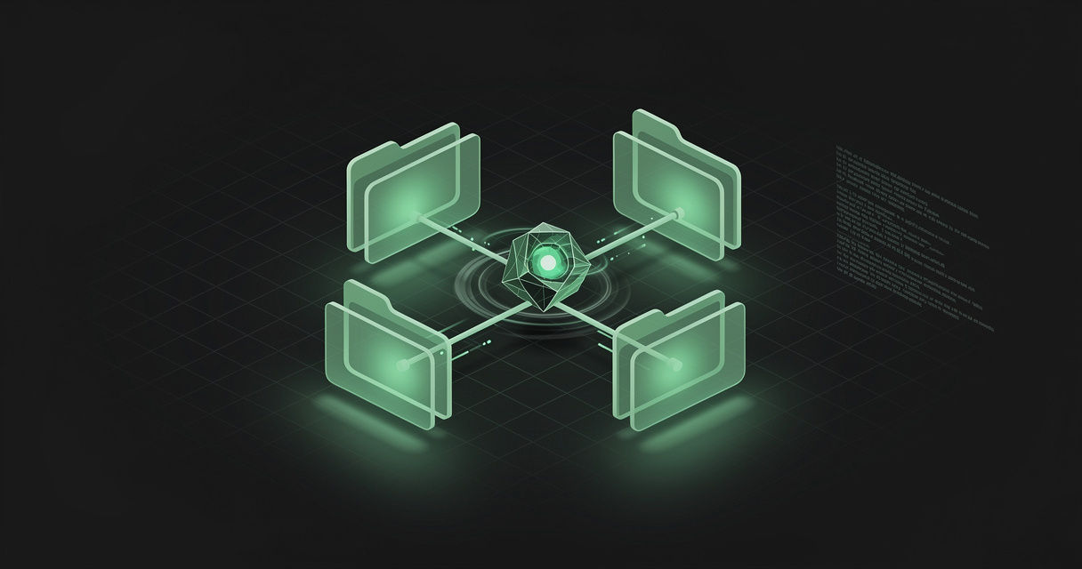 An emerald wireframe folder tree of nested translucent boxes with a small geometric AI agent core orbiting inside and light conduits running between folders, on a dark terminal-grid background