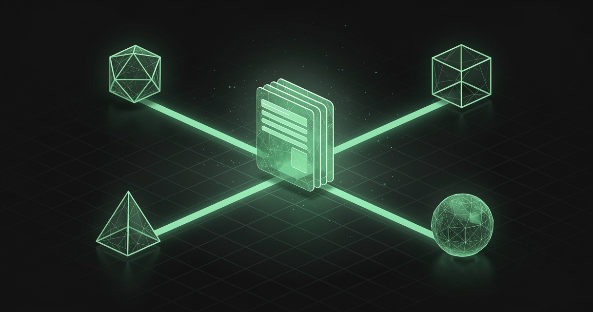A single glowing emerald markdown memory core radiating light conduits to four abstract geometric nodes, on a dark terminal-grid background