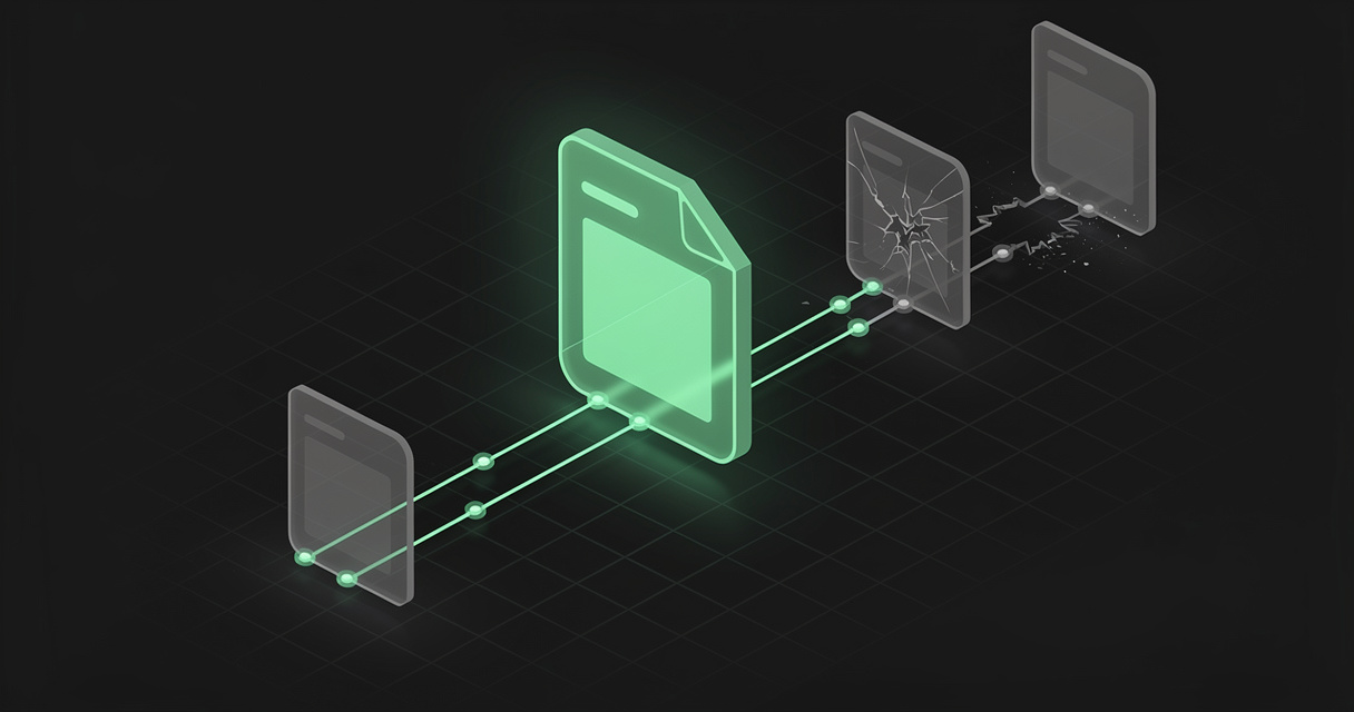 A glowing emerald document card linked by luminous threads back to translucent source cards receding into depth, one source shattered and its thread broken, on a dark terminal-grid background