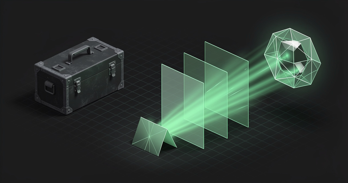 A small emerald wireframe card unfolding into three progressively larger layered panels streaming into a geometric AI core, beside a dark closed toolbox crate, on a black terminal-grid background