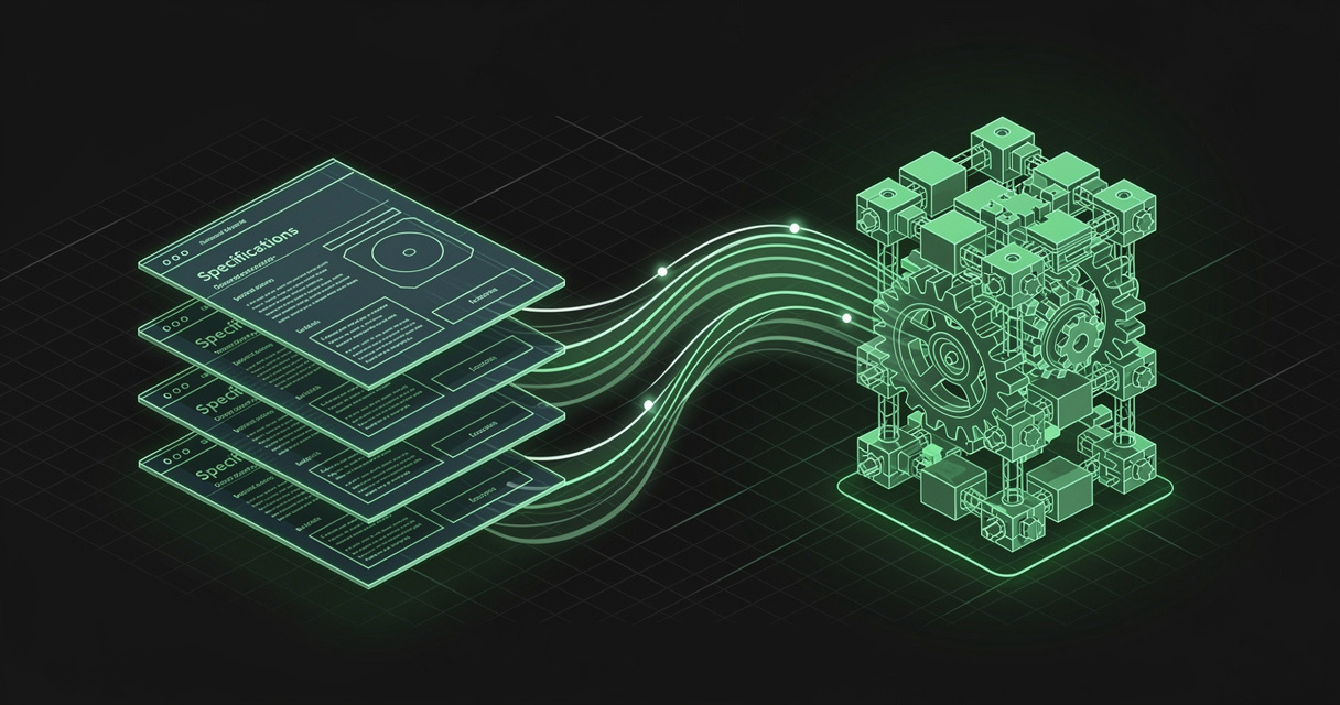 A stack of glowing emerald blueprint spec cards flowing along wireframe lines into an assembled isometric structure of interlocking blocks, on a dark terminal-grid background
