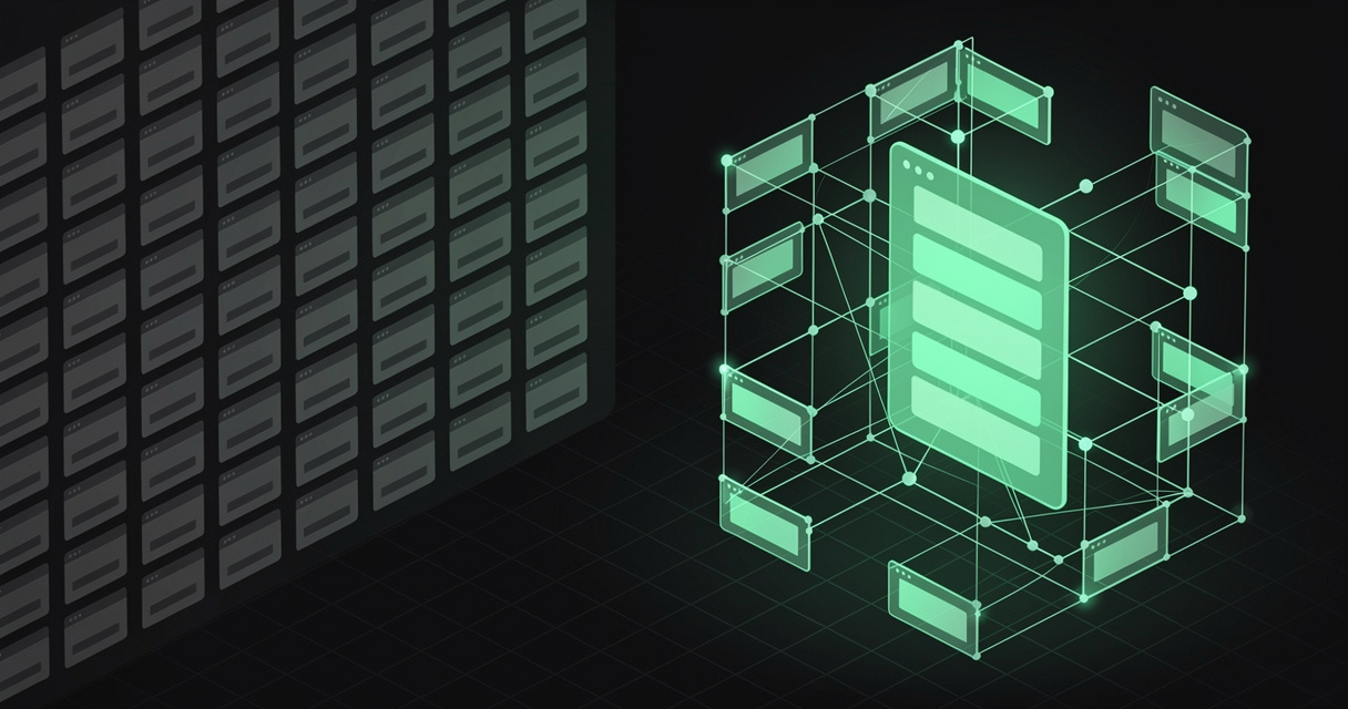 A dim grid wall of identical disconnected record cards on the left, and on the right an emerald wireframe lattice of linked cards surrounding a single glowing markdown document, on a dark terminal-grid background