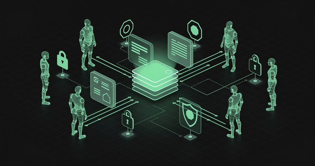 An isometric emerald wireframe of people and AI agents gathered around a shared stack of markdown document nodes linked by version-history timelines and permission locks, on a dark terminal-grid background