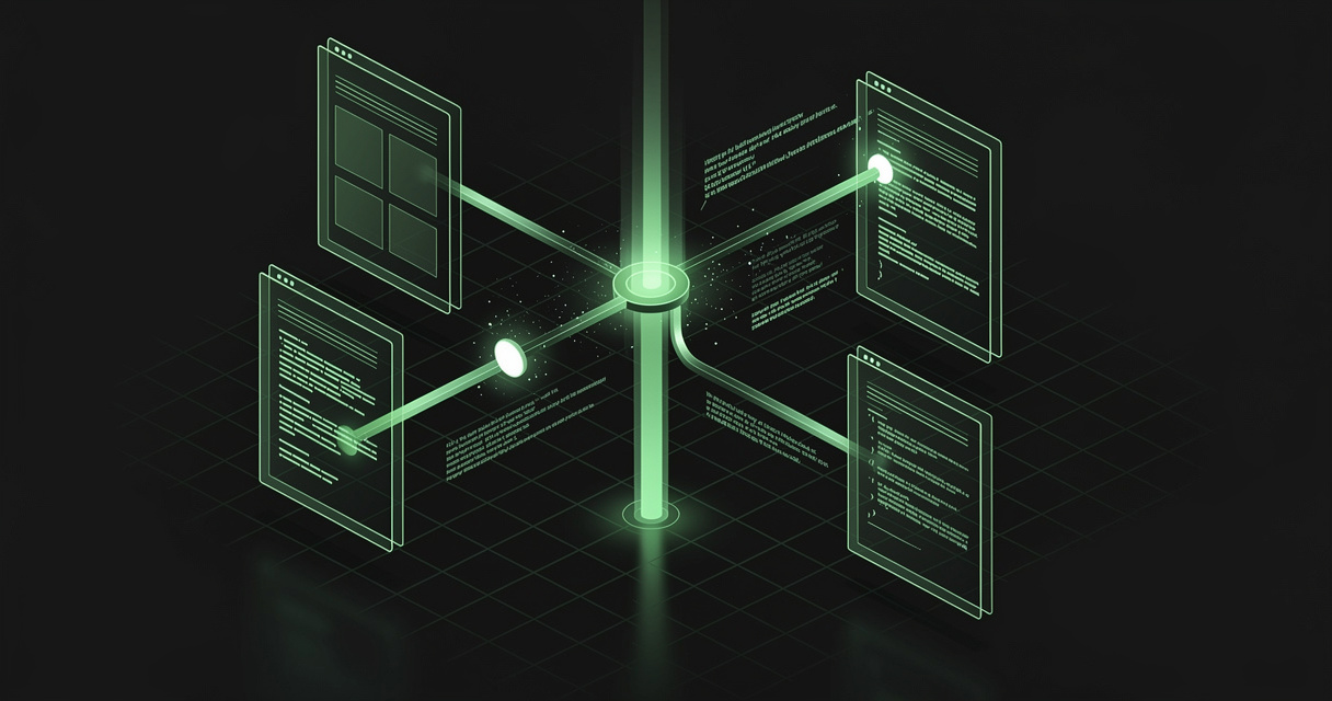 An emerald wireframe version-history timeline: a vertical spine of light linking floating document cards with added and changed lines and a circular restore node, on a dark terminal-grid background